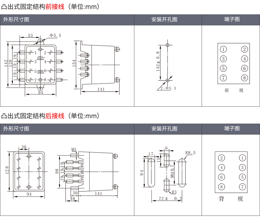 RS-10時(shí)間繼電器凸出式固定結(jié)構(gòu)外形及接線方式