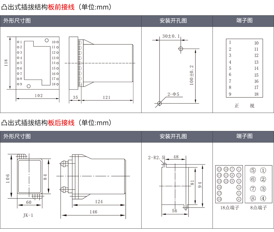 RS-10時(shí)間繼電器凸出式插拔結(jié)構(gòu)外形及接線方式