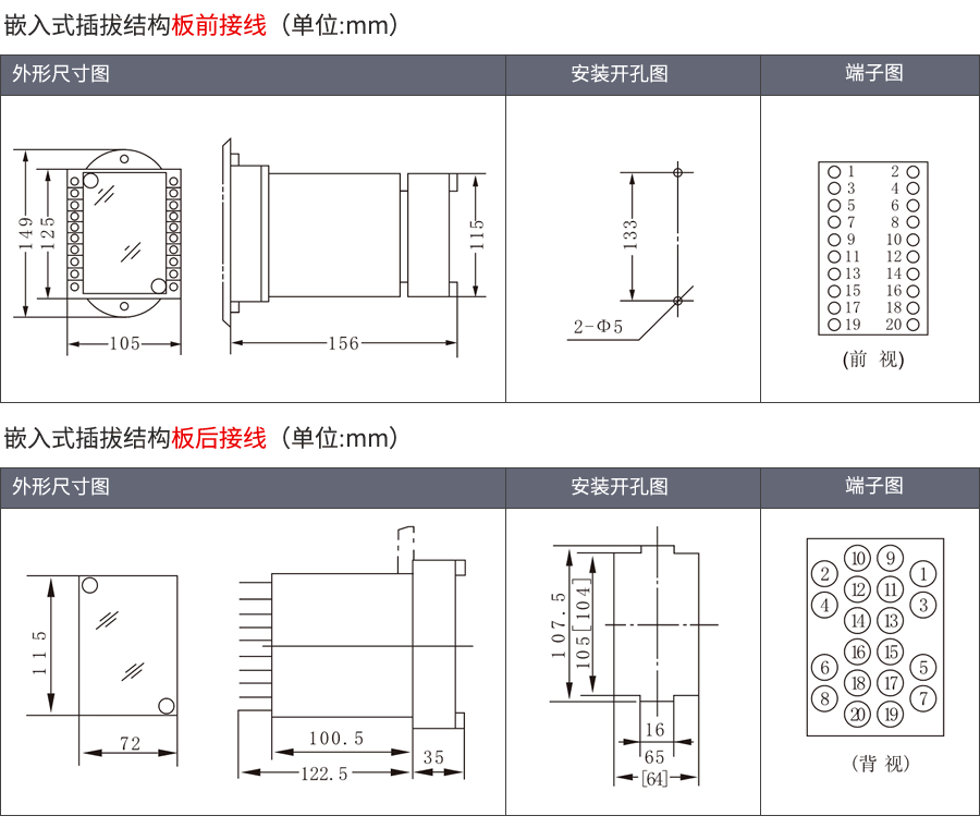 ZSJ-3-30時間繼電器嵌入式插拔結構外形及接線方式